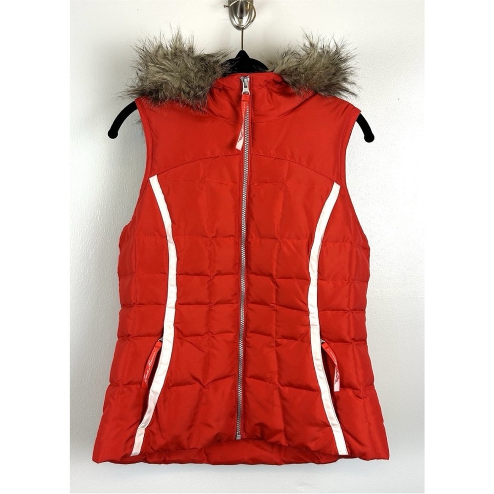 Eddie Bauer Red Puffer Vest with Faux Fur Hood
